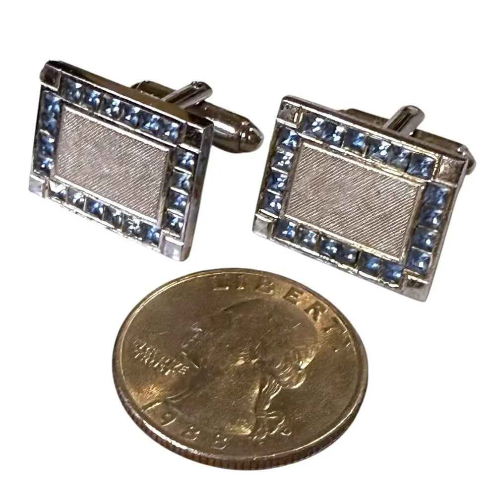 Vintage Dante Cufflinks Mens Silver Tone Brushed Aqua Glass Jewels Bullet Back